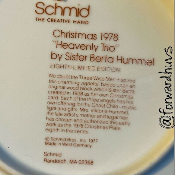 1978 Schmid “Heavenly Trio” Christmas Plate – Sister Berta Hummel – No Box - Picture 4 of 8